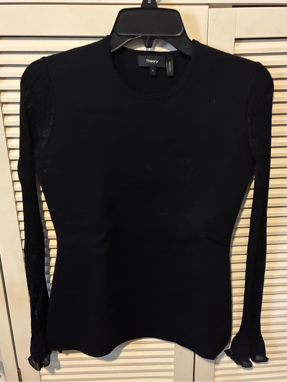 Theory Black Long Sleeve Crewneck Sweater with sheer sleeves